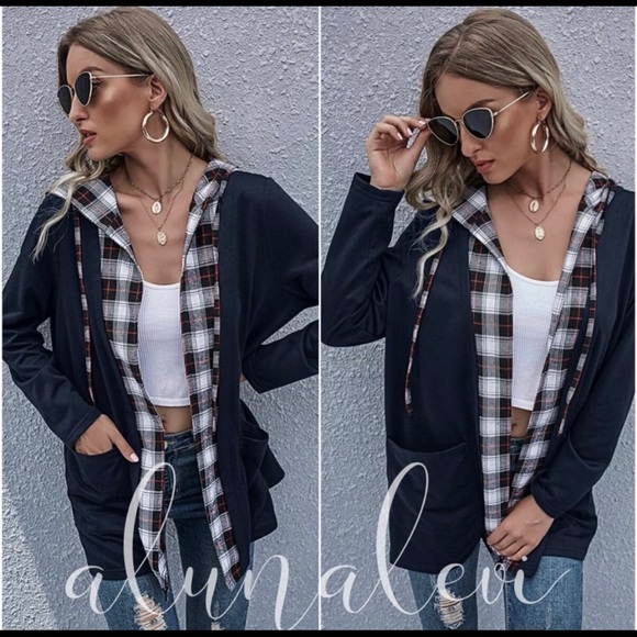 HPπ₯Black Plaid Hoodie Jacket Coat with Pockets - Picture 5 of 6